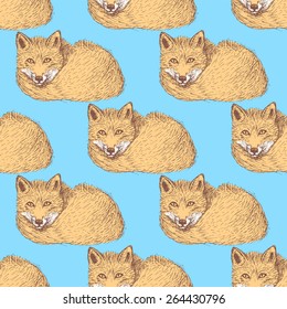 Sketch cute fox in vintage style, vector seamless pattern