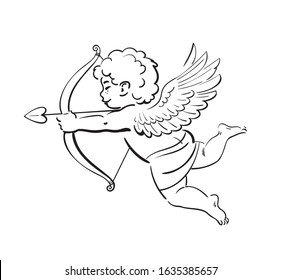 Sketch of cute funny Cupid aiming a bow and arrow. Valentine's Day love symbol. Hand drawn vector illustration isolated on white background.