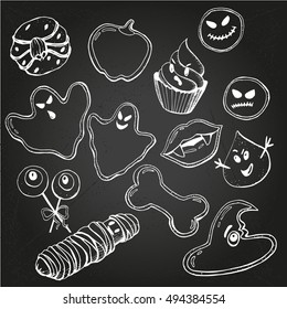 Sketch of  Cute funny Halloween Cookies in vector on chalk-background