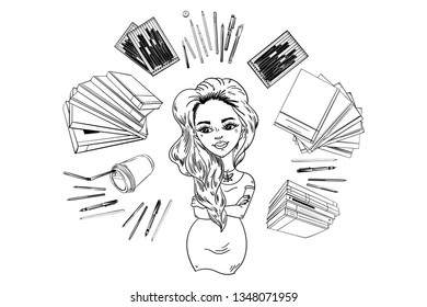 Sketch of a cute girl, around a book, a glass of coffee, textbooks, stationery, pencil case, hand drawn vector illustration.