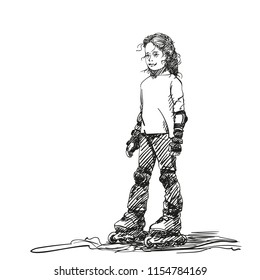 Sketch of cute girl with beautifully braided long hair is standing on skate rollers, Hand drawn vector illustration isolated on white background