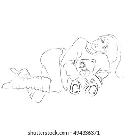 Sketch cute girl with her teddy bear, isolated on white.
