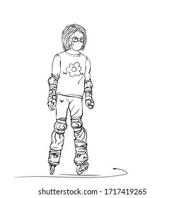 Sketch of cute girl in medical face mask and round spectacles is standing on skate rollers, Hand drawn vector illustration isolated on white background
