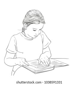 Sketch of cute girl reading book, Hand drawn vector linear illustration