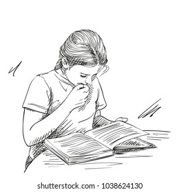 Sketch of cute girl reading book in thoughtfulness touches her lips with her hand, Hand drawn vector illustration