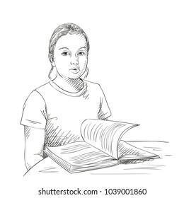 Sketch of cute girl reading book, Hand drawn vector illustration