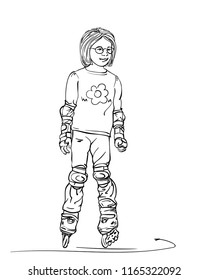 Sketch of cute girl with round spectacles is standing on skate rollers, Hand drawn vector linear illustration isolated on white background