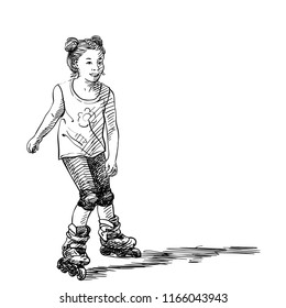 Sketch of cute girl with two hair buns is skating on rollers, Hand drawn vector illustration isolated on white background