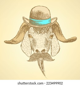 Sketch cute goat  in hipster style, background 