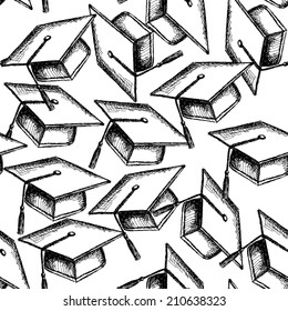 Sketch cute graduation cap flight, seamless pattern 