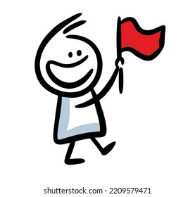 Esbozo de un lindo muchacho dibujado a mano con la bandera roja en la mano. Marcha de Stickman en la ilustración vectorial del desfile.