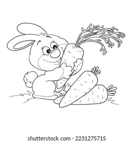 sketch, cute hare holding a big carrot in its paws, cartoon illustration, coloring book, isolated object on a white background, vector, eps
