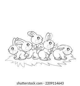 sketch of cute hares in one glade, coloring book, cartoon illustration, isolated object on white background, vector, eps