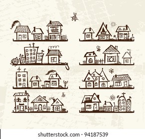 Sketch of cute houses on shelves for your design