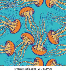 Sketch cute jellyfish in vintage style, vector seamless pattern