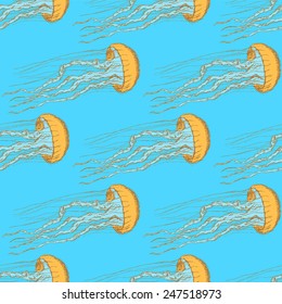 Sketch cute jellyfish in vintage style, vector seamless pattern