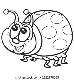 Skizze, süßer Ladybug-Charakter, der neurös nach oben schaut, Farbbuch, Cartoon-Illustration, einzeln auf weißem Hintergrund, Vektorgrafik, eps