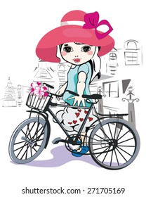 Sketch of a cute little girl in a hat with a bicycle  at the street