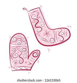 Sketch of cute mittens and felt boots for your design