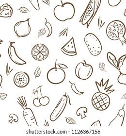 Sketch of cute mix fruits and vegetables seamless pattern background vector format in hand drawing cartoon style