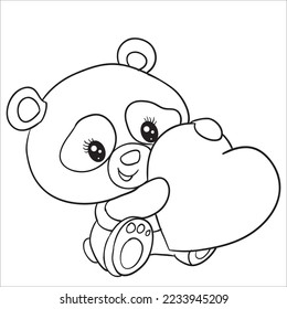 sketch, cute panda holding a big heart in his hands, coloring book, valentines day, isolated object on a white background, vector, eps