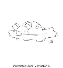 Sketch of a cute pig bathing in mud. Simple children's vector illustration in doodle style