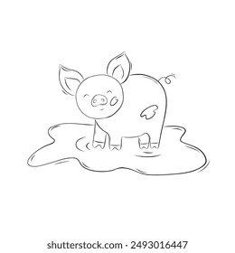 Sketch of a cute pig bathing in mud. Simple children's vector illustration in doodle style