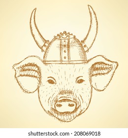 Sketch cute pig in the viking helmet 