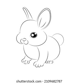 Sketch of a cute rabbit with cute eyes. Black outlines on a white background. Easy coloring book for kids, Happy cute little rabbits, beautiful easter illustration, black and white vector cartoon for