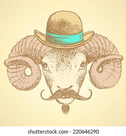 Sketch cute ram in hipster style, background 