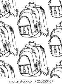 Sketch cute school backpack in vintage style, seamless pattern