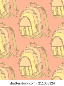 Sketch cute school backpack in vintage style, seamless pattern