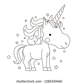 Sketch of a cute smiling unicorn for coloring on a white background with stars