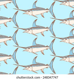 Sketch Cute Swordfish In Vintage Style, Vector Seamless Pattern