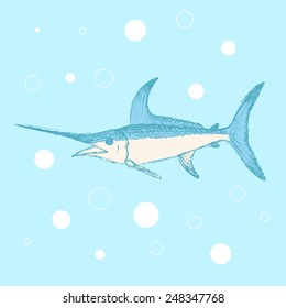 Sketch cute swordfish in vintage style, vector