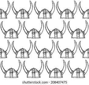 Sketch cute viking helmet, vintage seamless pattern