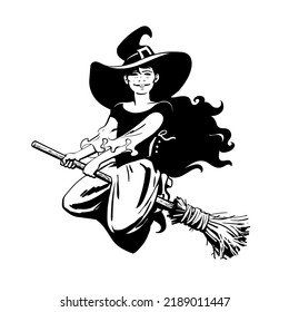 Sketch of cute young Halloween witch flying on the broom stick in cartoon style. Black and white hand drawn vector illustration isolated on white background.