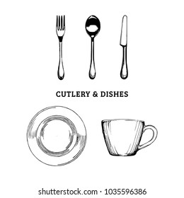 Sketch of cutlery and dishes. Hand drawn vector illustration. Used for restaurant, cafe menu etc.