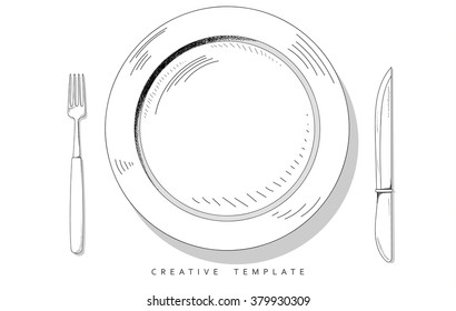 Sketch cutlery set  Plate fork   knife  Template for food presentation cafes  restaurants  bars  hotels  advertising text  Drawn tableware plate  Vector illustration