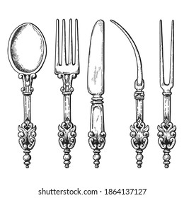 Sketch Cutlery, Spoon, Fork, Knife And Engraving Vintage Etching Vector Illustration On White Background.