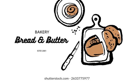 Sketch cutting board, swirl bun on plate, knife and bread. Cozy handmade bakery design. Whimsical hand drawn vector illustration