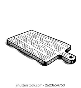 Sketch cutting wooden board. Rectangular board with handle. Vector Kitchen equipment, vintage vector illustration. Isolated on white.