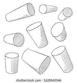 Sketch Cylinders. Vector Set of Penciling Outline Perspective Geometry Drawing