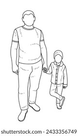 Sketch of dad and daughter holding hands. Posing legs and body. Isolated vector