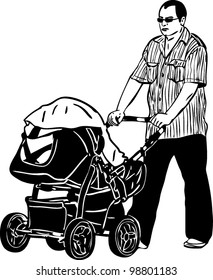  a sketch a dad spectacled rolls a child carriage