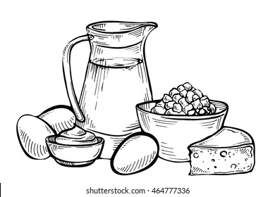 Sketch of dairy products. Milk and farm product. Set of hand drawn vector elements