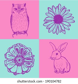 Sketch daisy, zinnia, rabbit and owl, vector vintage seamless pattern 