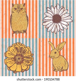 Sketch daisy, zinnia, rabbit and owl, vector vintage seamless pattern 