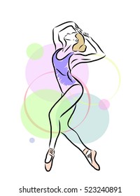 Sketch of dancing girl isolated on colorful background. Ballerina illustration. Dancing women silhouette.