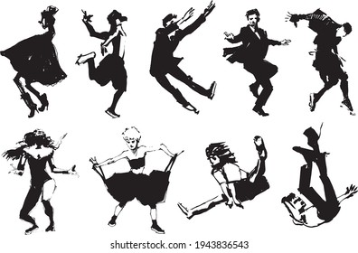 Sketch of dancing people silhouette vector